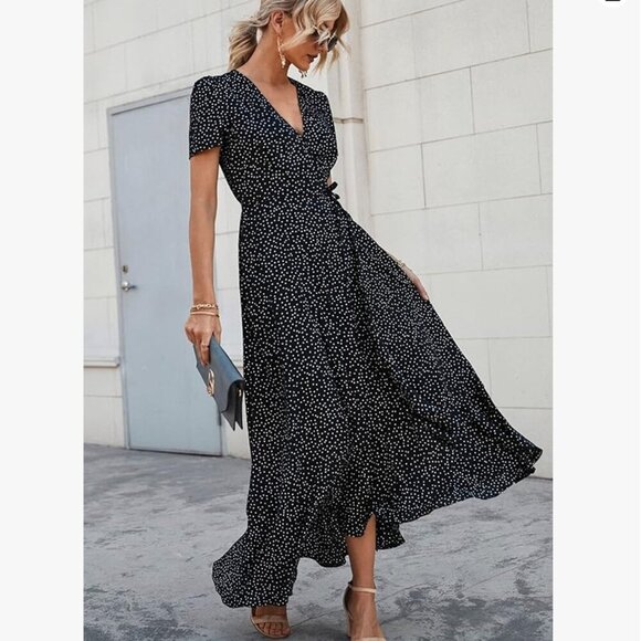 PRETTYGARDEN Women's Summer Wrap Maxi Dress V Neck Short Sleeve - Picture 2 of 8